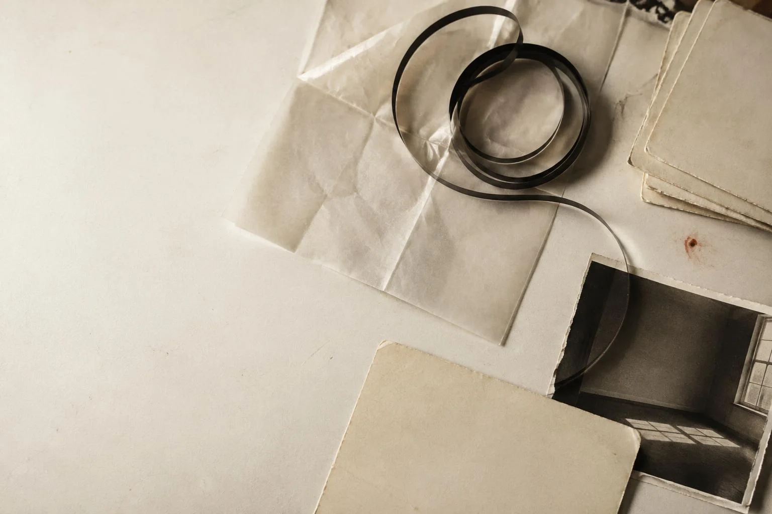 Synthetic photographic artwork of archival material on a dark table.